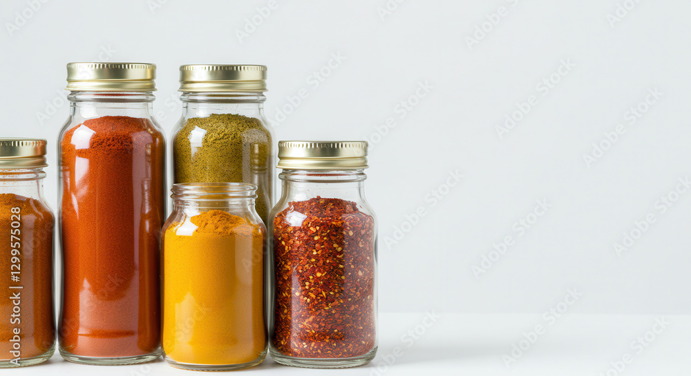 Organized Collection of Red Spices in Glass Jars in Rustic Kitchen Organized Collection of Red Spices in Glass Jars in Rustic Kitchen