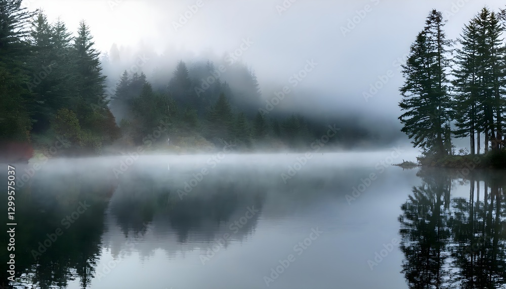 Foggy Morning Over a Tranquil Forest Lake, Mystical Landscape with Fog and Water Reflections, Dreamlike Lake Scene with Fog and Reflections. Foggy Morning Over a Tranquil Forest Lake, Mystical Landscape with Fog and Water Reflections, Dreamlike Lake Scene with Fog and Reflections.
