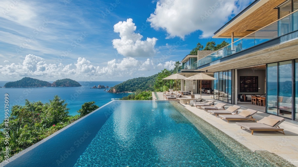 Obraz premium Luxurious hillside villa with infinity pool and ocean view.