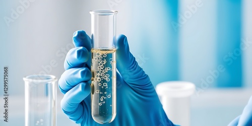 Scientist wearing blue gloves holding a test tube with a clear liquid in a laboratory. Concept of medical research, biotechnology, pharmaceutical innovation, and scientific discovery
