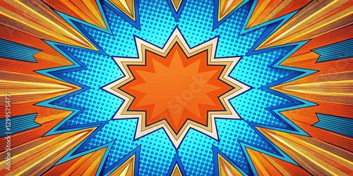 Colorful radial background with geometric shapes and comic book-inspired patterns, featuring a mix of bright blues and vibrant oranges, abstract shapes, futuristic design
