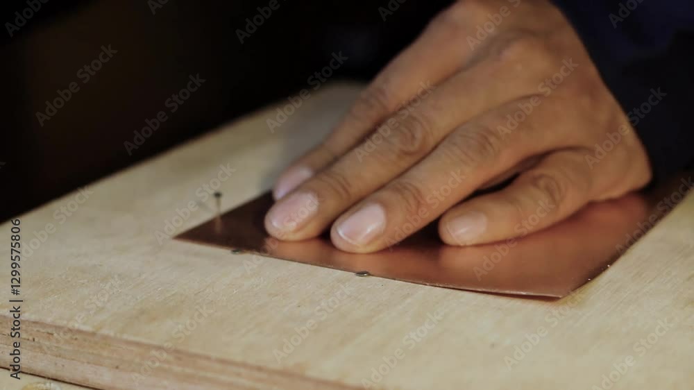 A craftsman uses a hammer to secure a small nail into a copper sheet on a wooden surface, showcasing metalworking precision. A craftsman uses a hammer to secure a small nail into a copper sheet on a wooden surface, showcasing metalworking precision.