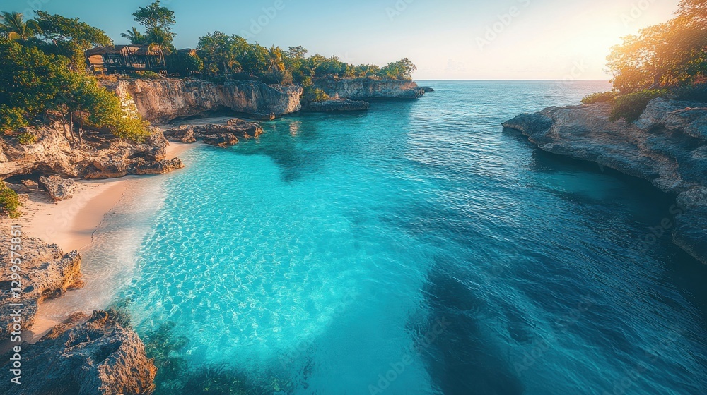 Fototapeta premium Tropical cove, pristine beach, cliffside, sunrise views