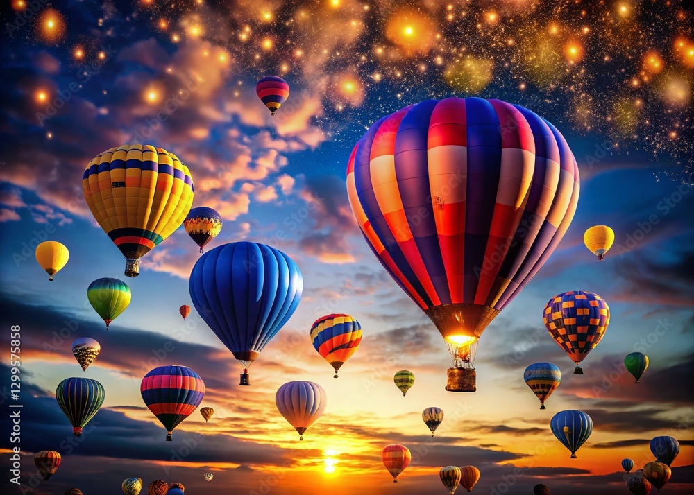 Obraz premium Low Light Magic: Varicolored Balloons Soar in Twilight Blue Sky