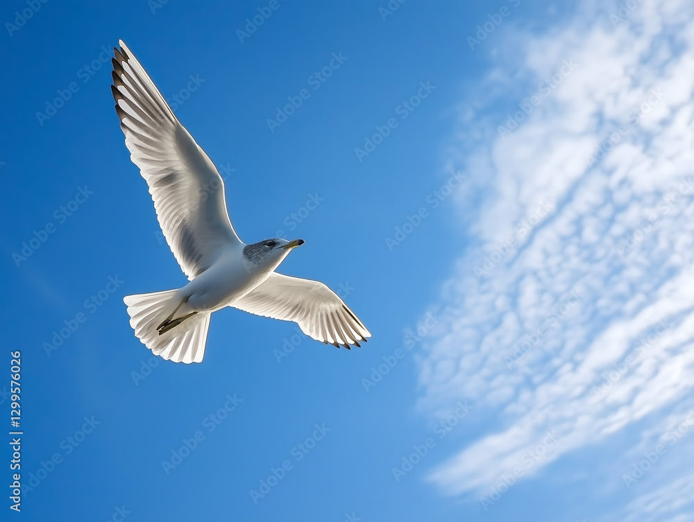 Seagull Soaring in Blue Sky: Beautiful Aerial View of Coastal Wildlife and Nature Seagull Soaring in Blue Sky: Beautiful Aerial View of Coastal Wildlife and Nature