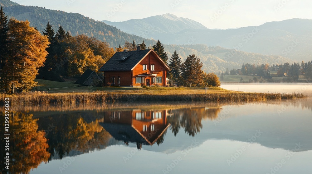 Fototapeta premium Lakeside autumn house reflection. (1)