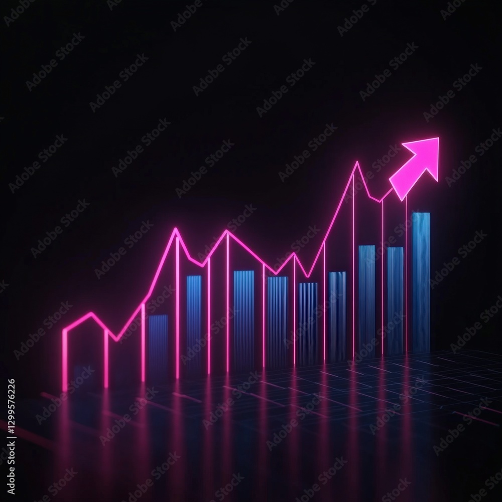 Neon graph shows growth; dark background. Stock photo for business, finance Neon graph shows growth; dark background. Stock photo for business, finance