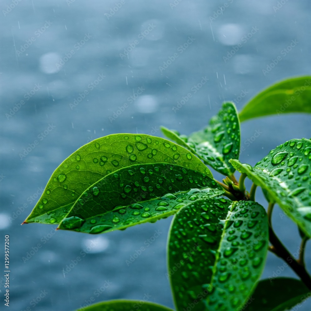 Water Ripples Leaves Rain Background. Closeup of green leaves sprayed with water and a raining rippled water background Water Ripples Leaves Rain Background. Closeup of green leaves sprayed with water and a raining rippled water background