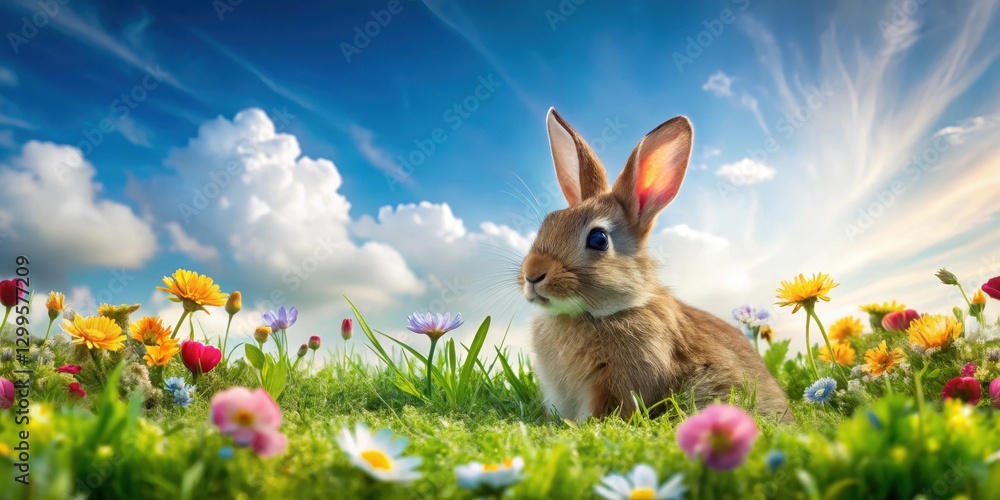 Fototapeta premium A little rabbit sitting on a blade of grass in a lush green meadow, surrounded by vibrant flowers and a clear blue sky with white clouds, wildflowers, field