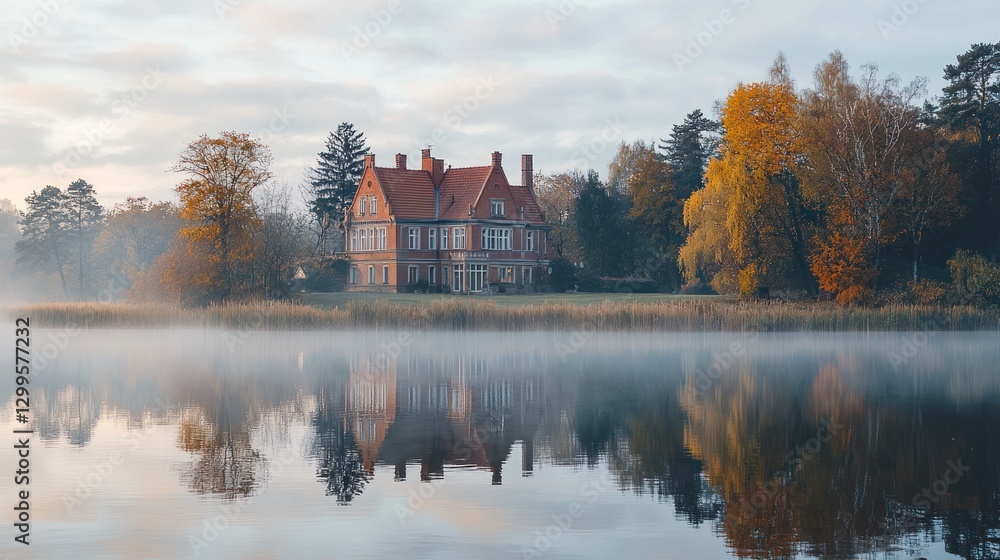 Fototapeta premium Misty autumn morning, lake reflection of grand house.