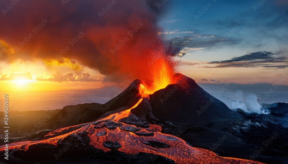 Fototapeta premium Towering volcano erupting flames and ash into the sky creating a stunning natural display of power