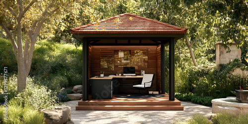 Gazebo Transformed into a Semi-Outdoor Office with Modern Workspace Design photo