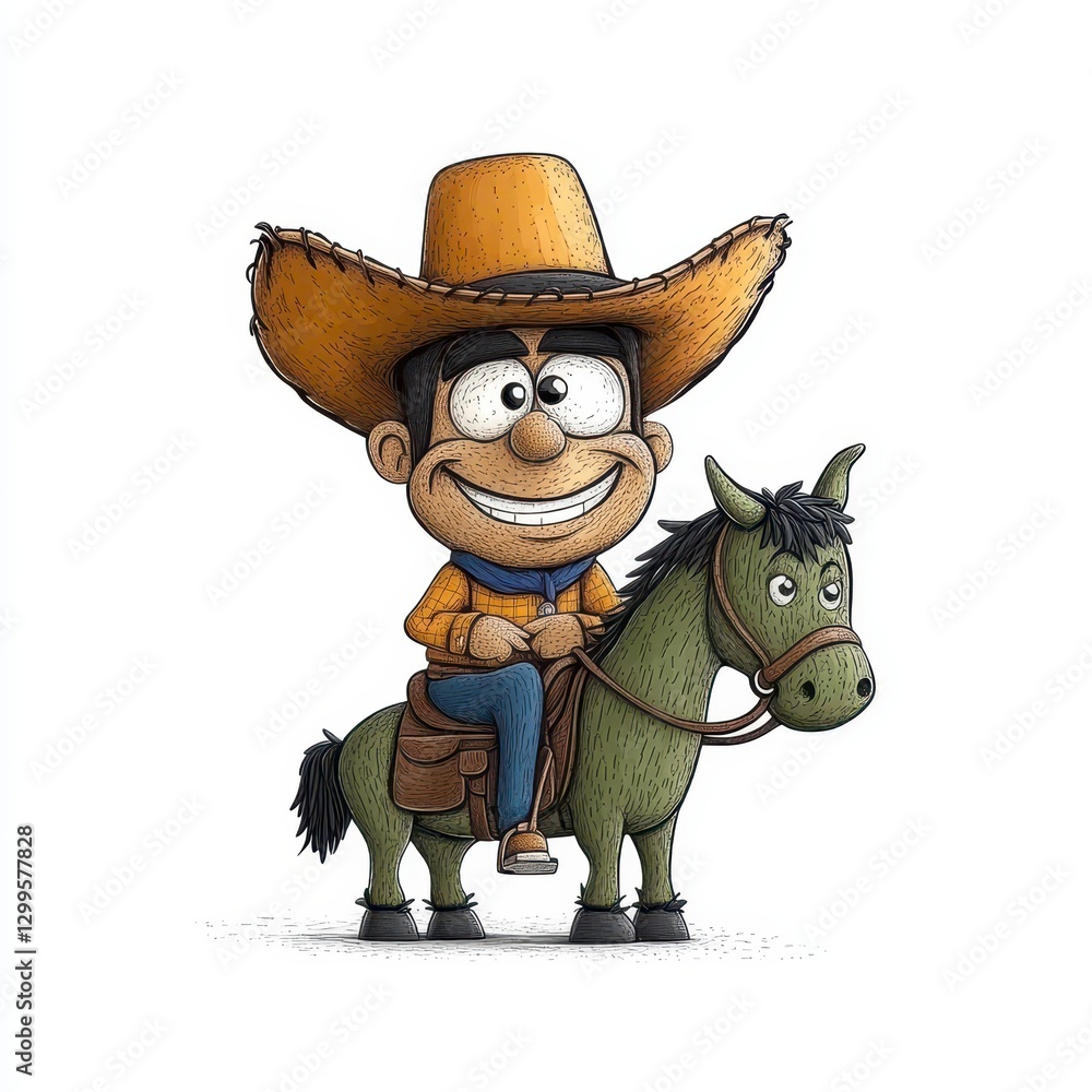 Fototapeta premium Smiling Boy in Cowboy Hat Riding Green Horse Cartoon Illustration