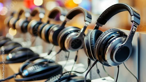 Various high-quality headphones displayed in an electronics store for customers to explore and compare