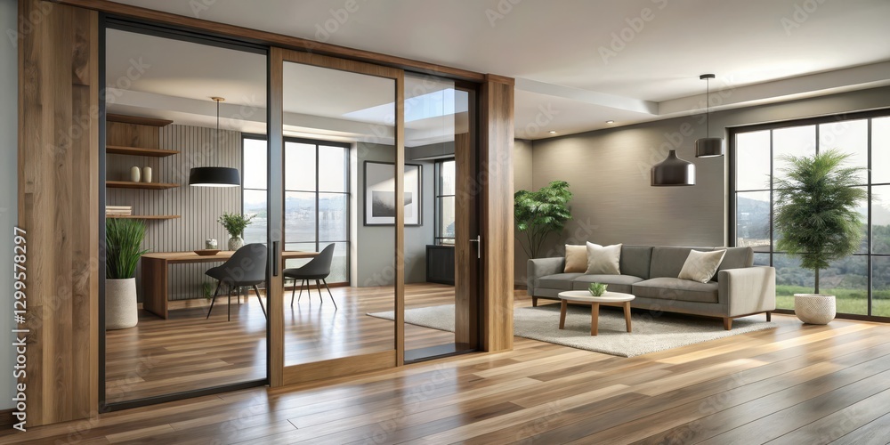 Obraz premium Sleek glass door with modern wooden frame in a contemporary living room, wooden frame