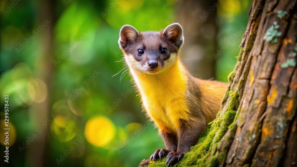 Fototapeta premium A yellow-throated marten's grey and brown fur blends with tree bark in Chitwan National Park's dense forest surroundings , forest, animal