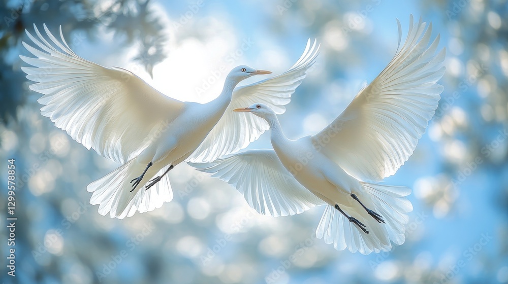 Obraz premium Two white birds in flight, winter trees, bright sky