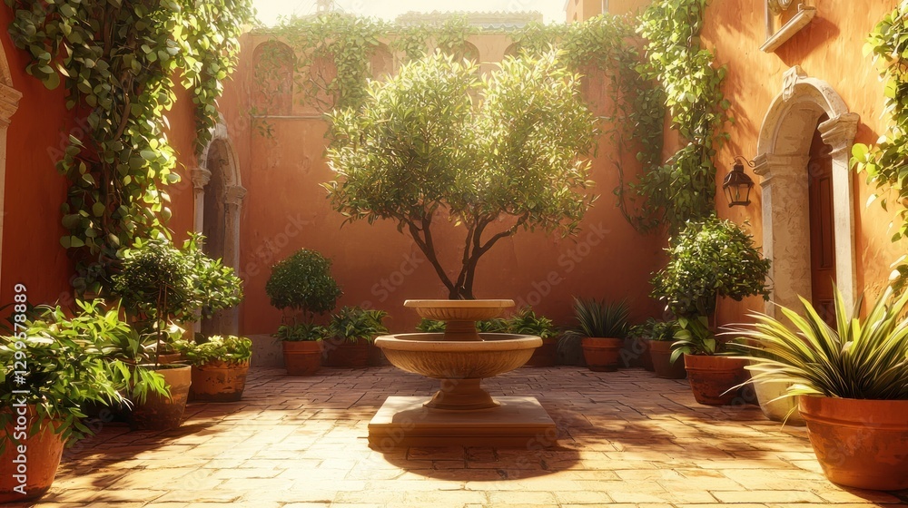 Fototapeta premium Sunlit Mediterranean courtyard with fountain, plants, and terracotta pots.