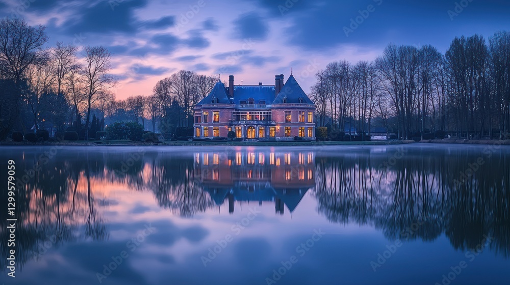 Obraz premium Elegant chateau reflected in tranquil lake at dawn.