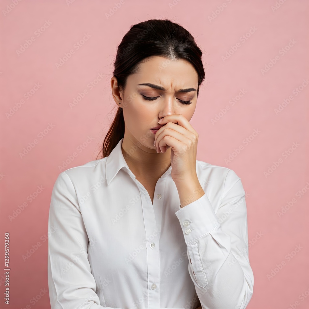 © Ngoc - Young sad thoughtful puzzled sick employee business woman corporate lawyer in classic formal white shirt work in office keep eyes closed rub put hand on nose isolated on pastel pink background studio © Ngoc - Young sad thoughtful puzzled sick employee business woman corporate lawyer in classic formal white shirt work in office keep eyes closed rub put hand on nose isolated on pastel pink background studio