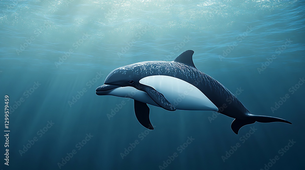 Fototapeta premium Black and white dolphin gliding peacefully under ocean waves