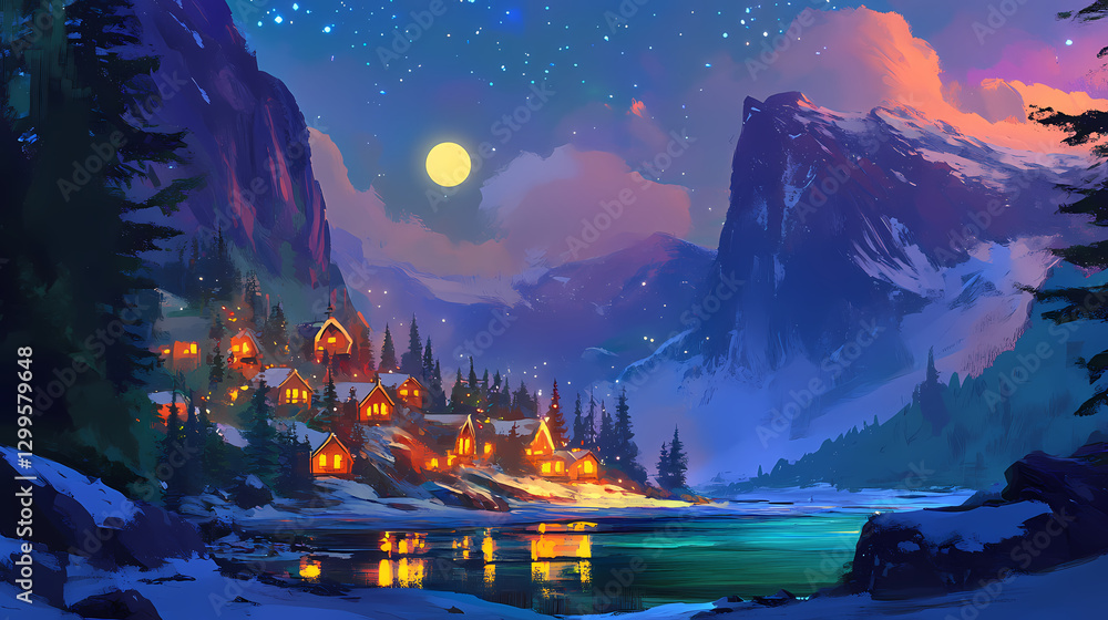 Fototapeta premium Santa's village nestled in a secluded mountain valley, vibrant colors, twinkling lights, festive decorations, enchanting winter wonderland atmosphere. Bliss - Beach. Illustration
