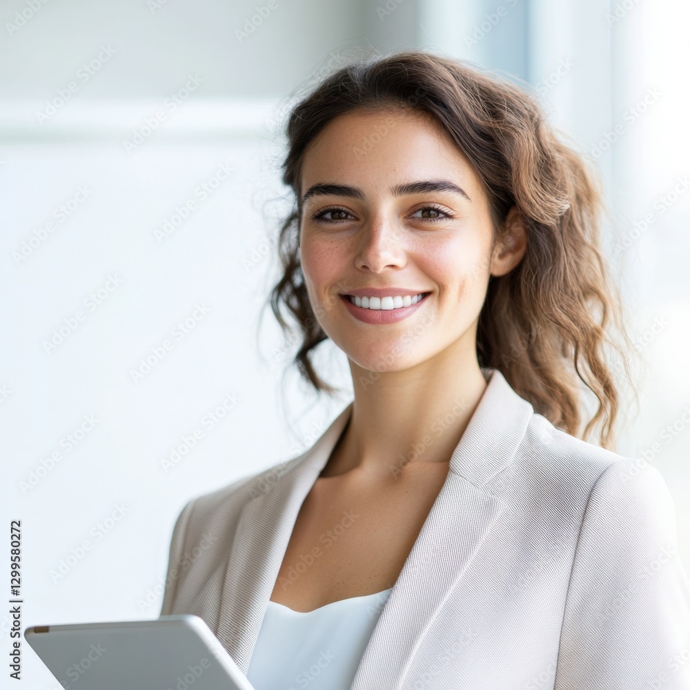 Smiling Woman in Business Attire Holds Tablet Smiling Woman in Business Attire Holds Tablet