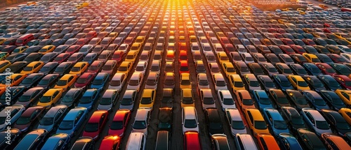 Sunset bathes a rental car lot in golden light hundreds of vehicles lined up in perfect rows cinematic scene slight blur people are there