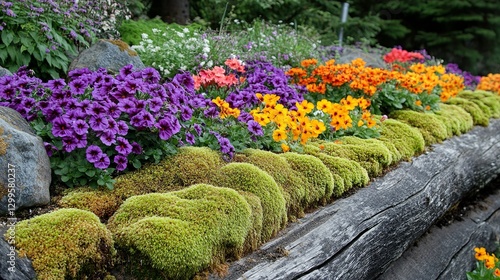 Fototapeta Naklejka Na Ścianę i Meble -  Vibrant Spring Flowers Blooming Garden Colorful Petunias Mossy Log Border Lush Greenery Natural Beauty Outdoor Floral Arrangement Landscape Design    