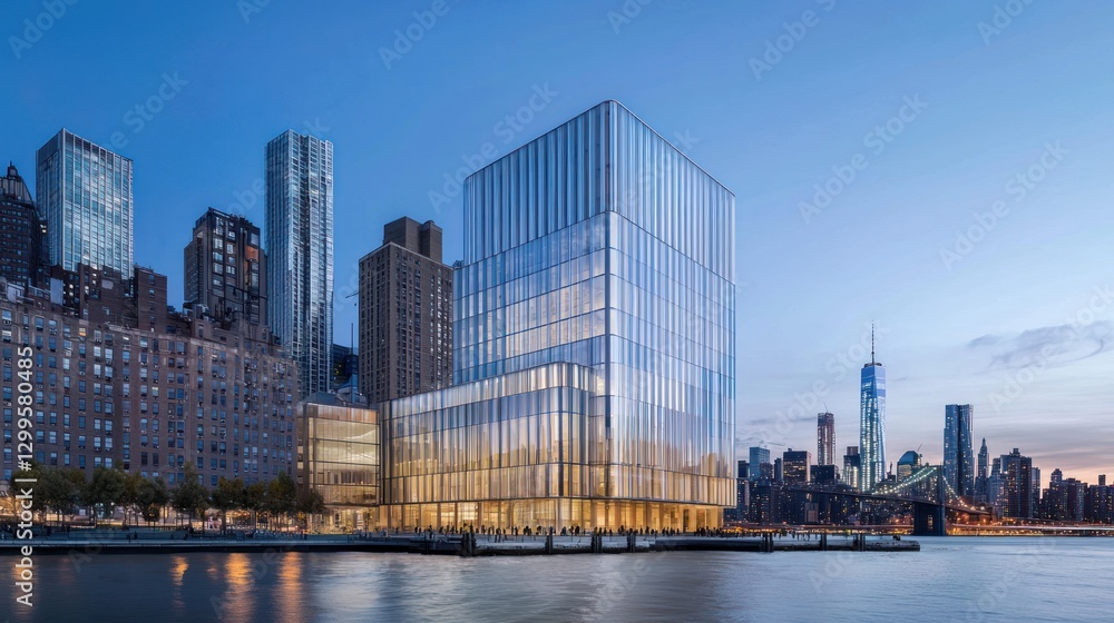 Naklejka premium Modern glass skyscraper on waterfront at dusk.