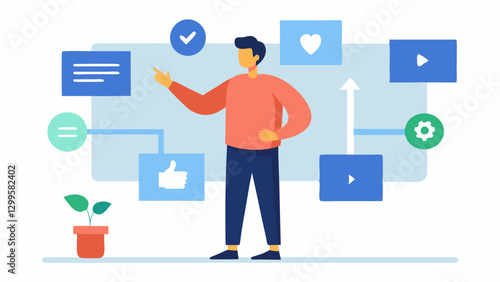 Social Media Planning The manager stands in front of a large screen displaying social media platforms pointing out strategies and planning promotional posts to attract backers.