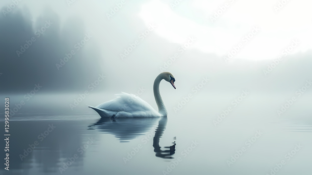 A swan gliding gracefully across a foggy lake. Bliss - Beach. Illustration A swan gliding gracefully across a foggy lake. Bliss - Beach. Illustration