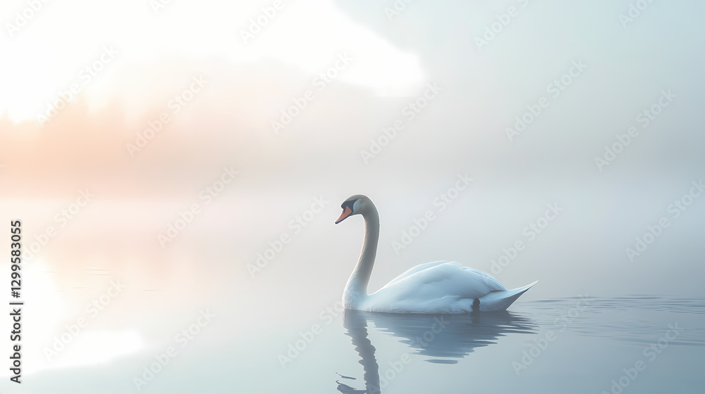 Obraz premium A swan gliding gracefully across a foggy lake. Bliss - Beach. Illustration