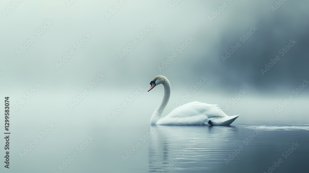 A swan gliding gracefully across a foggy lake. Bliss - Beach. Illustration A swan gliding gracefully across a foggy lake. Bliss - Beach. Illustration