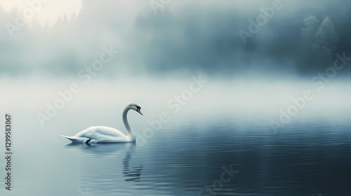 Fototapeta Naklejka Na Ścianę i Meble -  A swan gliding gracefully across a foggy lake. Bliss - Beach. Illustration