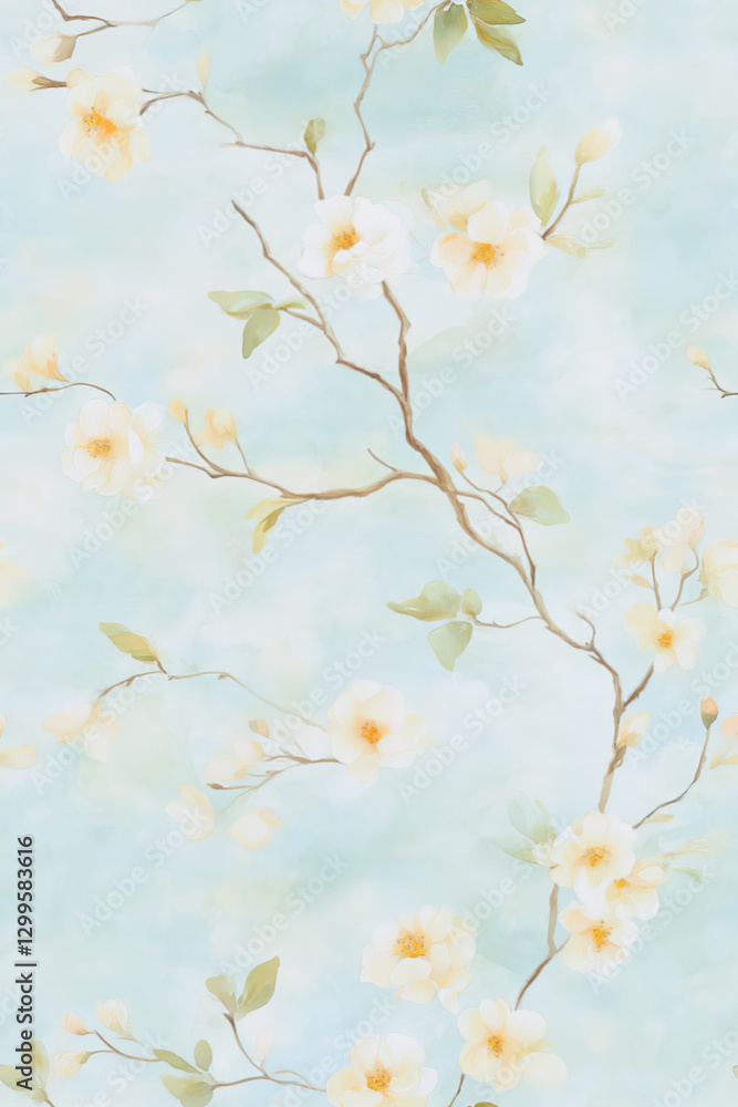 Seamless pattern. A delicate watercolor-style wallpaper featuring soft, pastel-colored blossoms on thin, twisting branches with light green leaves Seamless pattern. A delicate watercolor-style wallpaper featuring soft, pastel-colored blossoms on thin, twisting branches with light green leaves