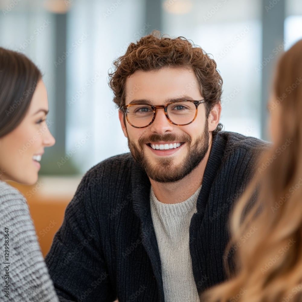 Smiling man with eyeglasses in a casual meeting. Smiling man with eyeglasses in a casual meeting.