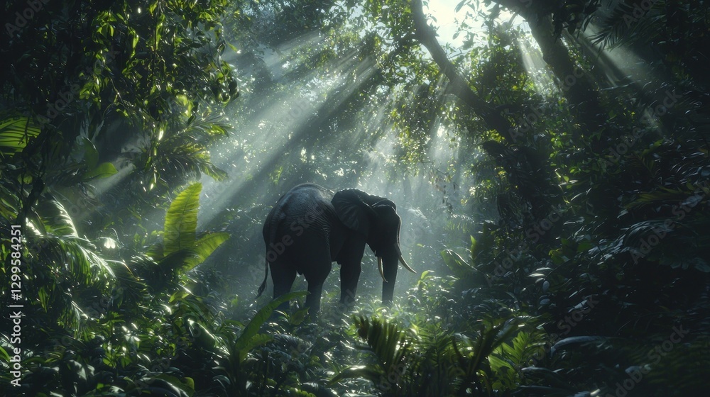 Naklejka premium Majestic elephant silhouetted in sunlit rainforest.