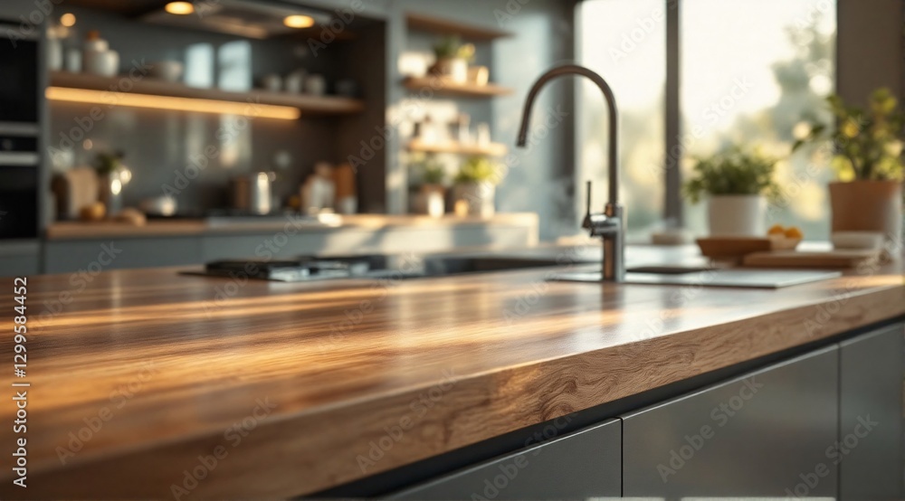 A clean wooden kitchen table with a sharp focus in the foreground, with a modern minimalist kitchen faintly visible in the background. A clean wooden kitchen table with a sharp focus in the foreground, with a modern minimalist kitchen faintly visible in the background.