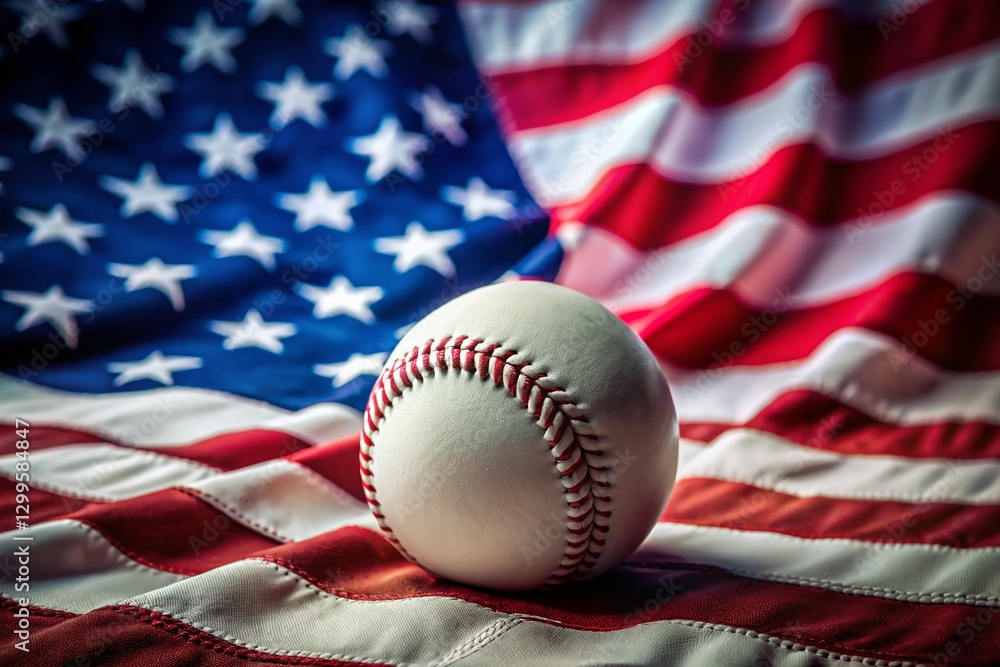 Fototapeta premium Macro Close-up: Baseball on Undulating American Flag