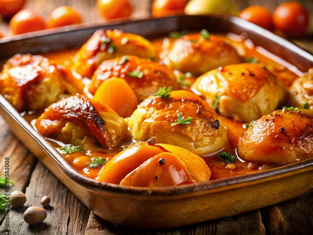 Macro Close-up of Apricot Chicken Casserole Baking in Oven Macro Close-up of Apricot Chicken Casserole Baking in Oven