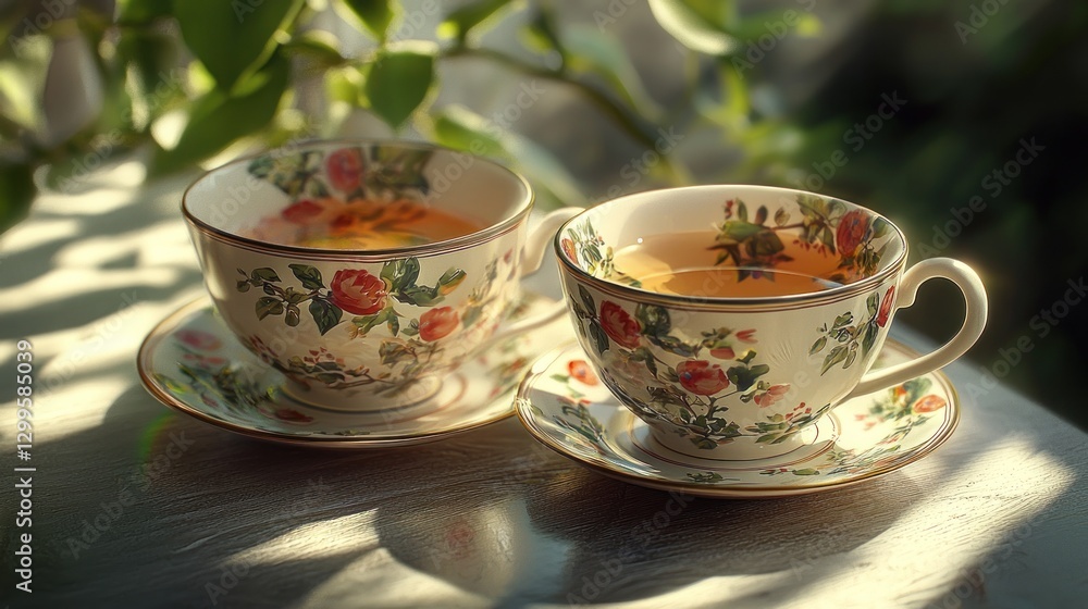 Two floral teacups on saucers filled with tea, bathed in sunlight. Two floral teacups on saucers filled with tea, bathed in sunlight.