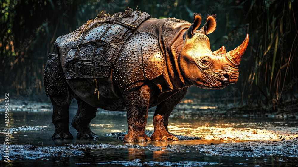 Fototapeta premium A majestic rhinoceros standing in a serene wetland, surrounded by lush greenery and soft light
