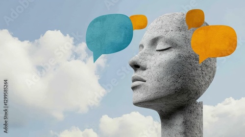 Stone Head Sculpture with Speech Bubbles Against Cloudy Sky