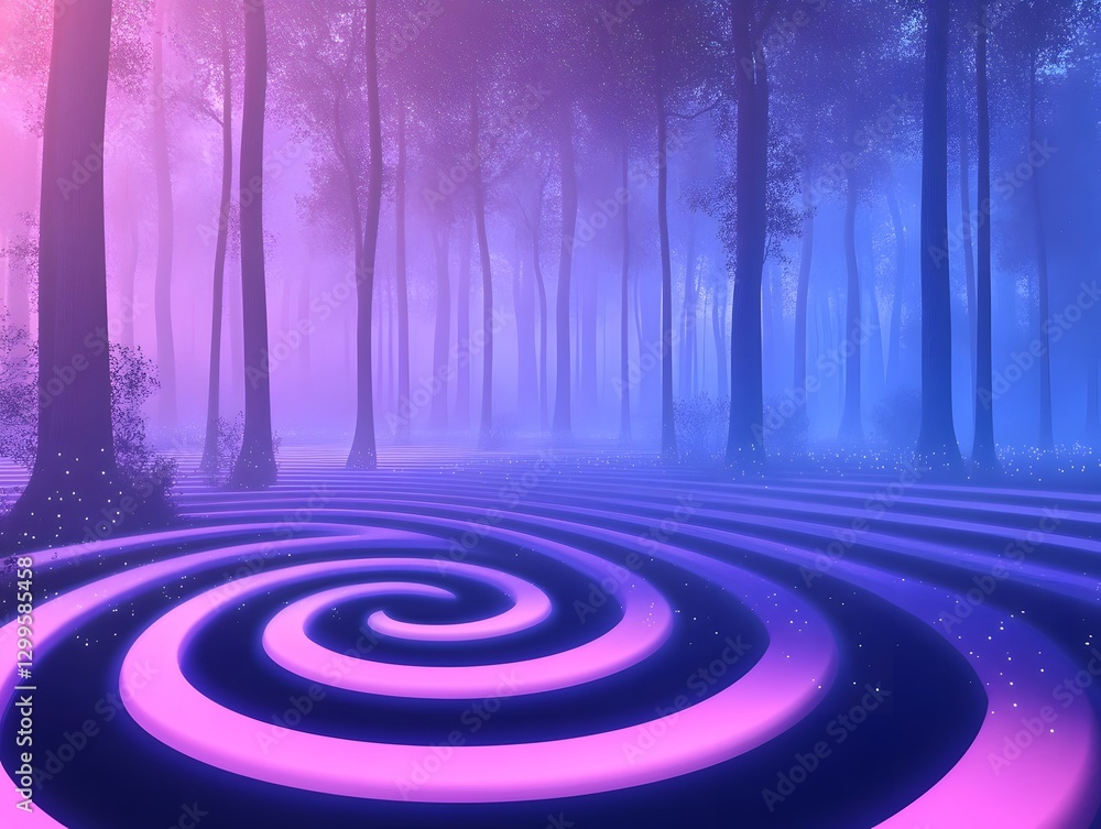 Fototapeta premium Enchanting Spiral Path Through Glowing Misty Fantasy Forest Landscape
