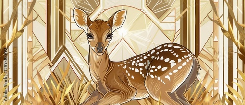 Obraz  z motywem Art deco inspired fawn design. Geometric patterns and clean lines in a gold and cream palette. Fawn has a photographic quality.