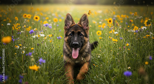 Happy German Shepherd Puppy in Flower-Filled Field