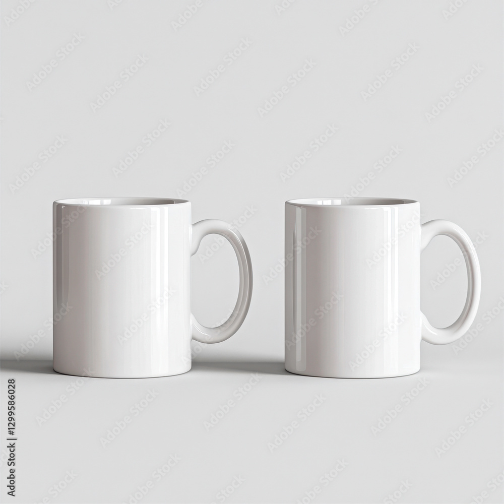 Two white mugs with handles on a neutral background, suitable for design and advertising, emphasizing simplicity and versatility. Concept Two white mugs with handles on a neutral background, suitable for design and advertising, emphasizing simplicity and versatility. Concept
