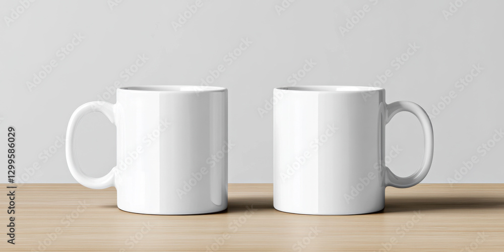 Two white mugs with handles on a neutral background, suitable for design and advertising, emphasizing simplicity and versatility. Concept Two white mugs with handles on a neutral background, suitable for design and advertising, emphasizing simplicity and versatility. Concept