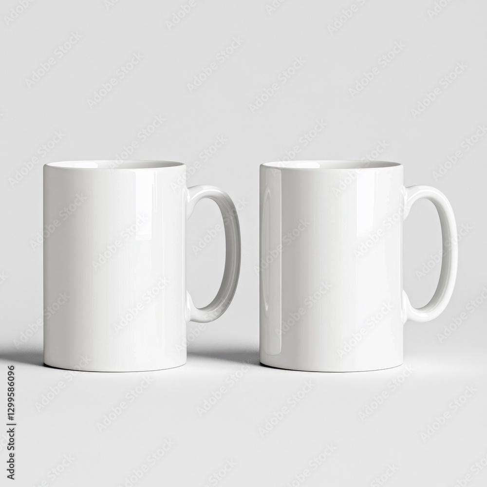 Two white mugs with handles on a neutral background, suitable for design and advertising, emphasizing simplicity and versatility. Concept Two white mugs with handles on a neutral background, suitable for design and advertising, emphasizing simplicity and versatility. Concept